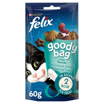 A 60g pack of Purina Felix Goody Bag Seaside cat treats, with salmon, pollock, and trout flavors—each at just 2 kcal on average—features playful packaging your cat will love.