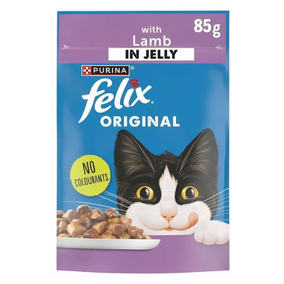 An 85g pouch of Purina Felix Original Lamb In Jelly cat food, showing a cartoon black and white cat and a plate of lamb in jelly on the packaging.