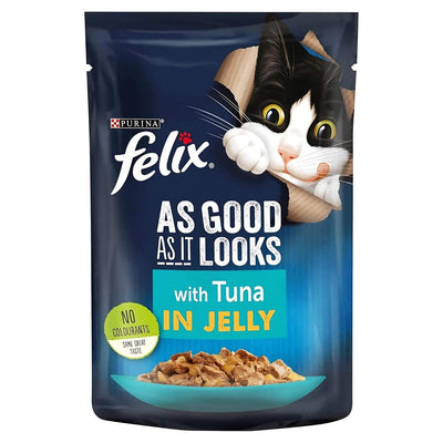 Purina Felix Tuna In Jelly 85g cat food, featuring a black and white cat illustration and a bowl of tuna pieces on the front.