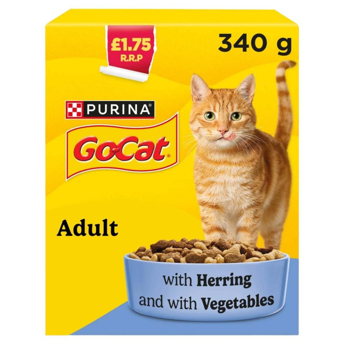 Purina GoCat Adult with Herring & Vegetables Food, 340g box, features an orange cat and kibble bowl on the front. Price marked £1.75 RRP.