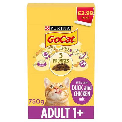 A 750g box of Purina GoCat With a Tasty Duck and Chicken Mix for adult cats, featuring a ginger cat on the packaging and priced at £2.99.