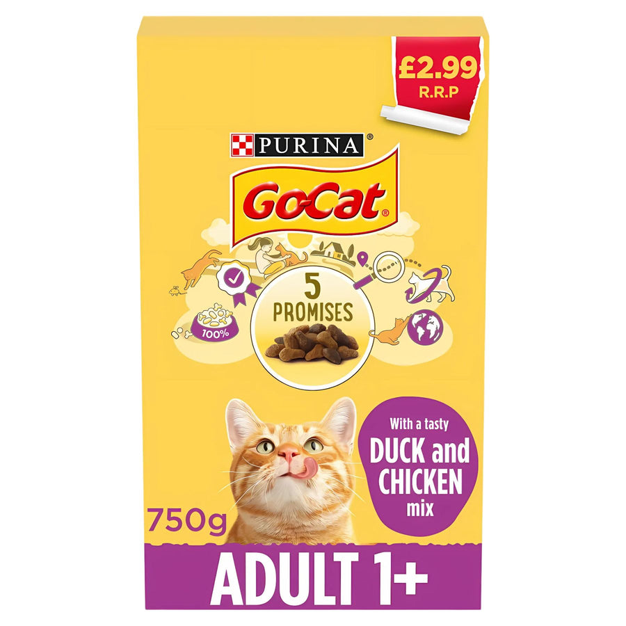 A 750g box of Purina GoCat With a Tasty Duck and Chicken Mix for adult cats, featuring a ginger cat on the packaging and priced at £2.99.