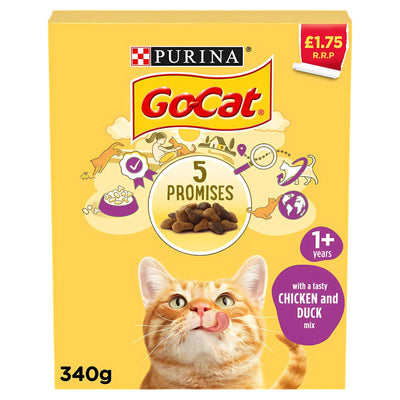 Purina GoCat with a Tasty Chicken and Duck Mix, 340g, for adult cats aged 1+, comes in a yellow box featuring a cat licking its nose and "5 Promises" text.