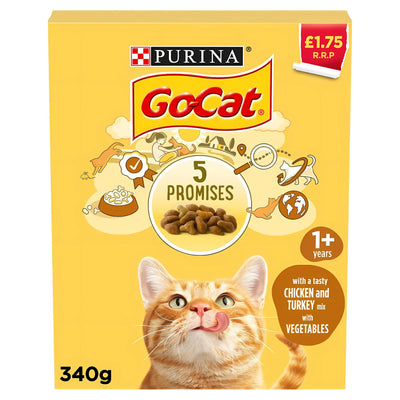 Purina GoCat with a Tasty Chicken and Turkey Mix with Vegetables, 340g for adult cats 1+ years. Yellow box features a ginger cat and ingredient icons. Price marked £1.75.