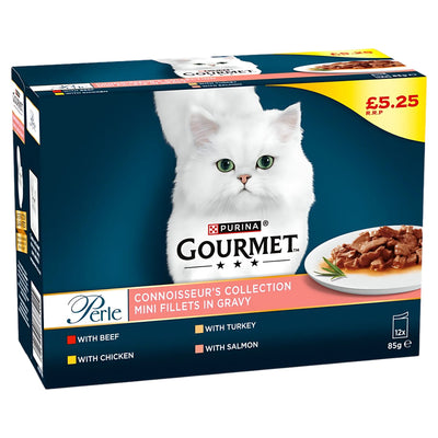 Purina Gourmet Connoisseur's Collection Mini Fillets in Gravy, 12 x 85g pouches in beef, chicken, turkey & salmon flavors for adult cats, £5.25 per box.