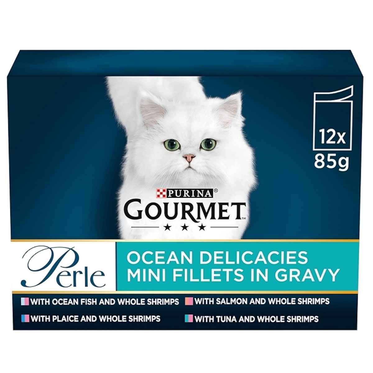 Purina Gourmet Perle cat food packaging with a white cat on a blue background