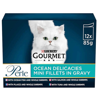 Purina Gourmet Perle cat food packaging with a white cat on a blue background