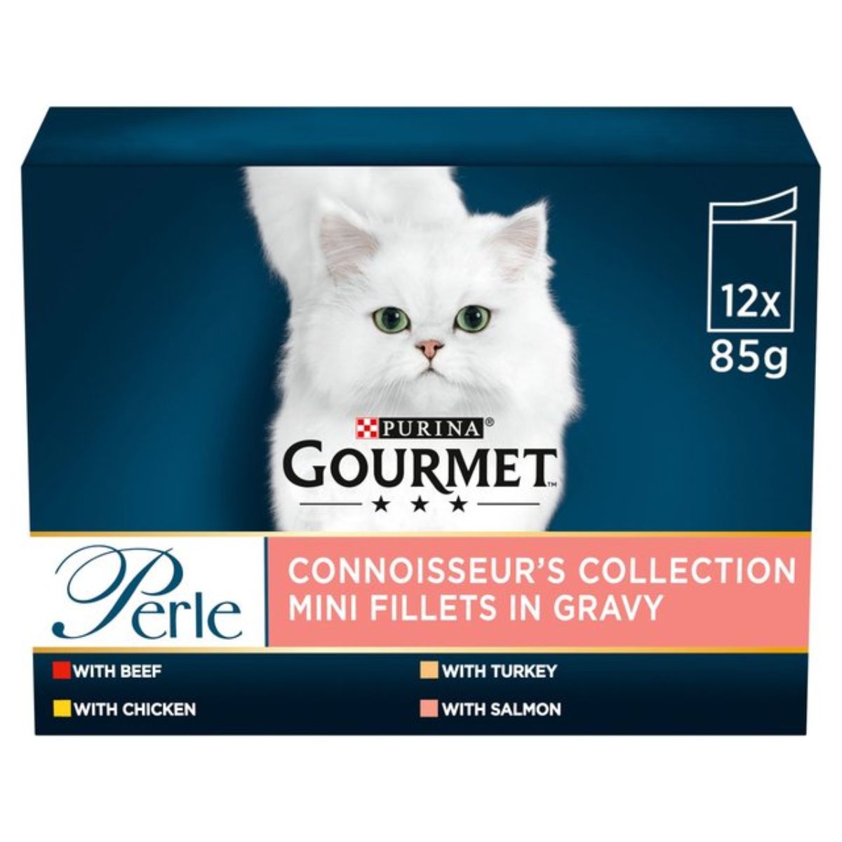 A box of Purina - Gourmet Perle Connoisseurs Collection Mini Fillets in Gravy - 12 x 85g cat food.