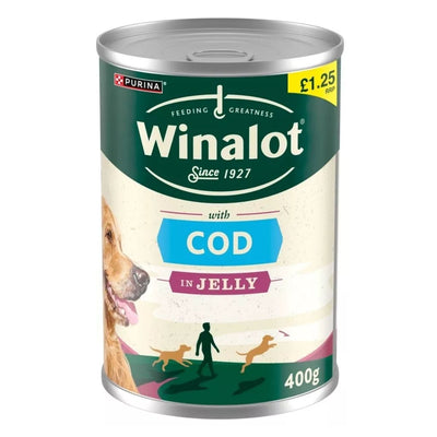 A 400g can of Purina Winalot Cod In Jelly Dog Food, featuring a dog image and a person walking dogs, is priced at £1.25.