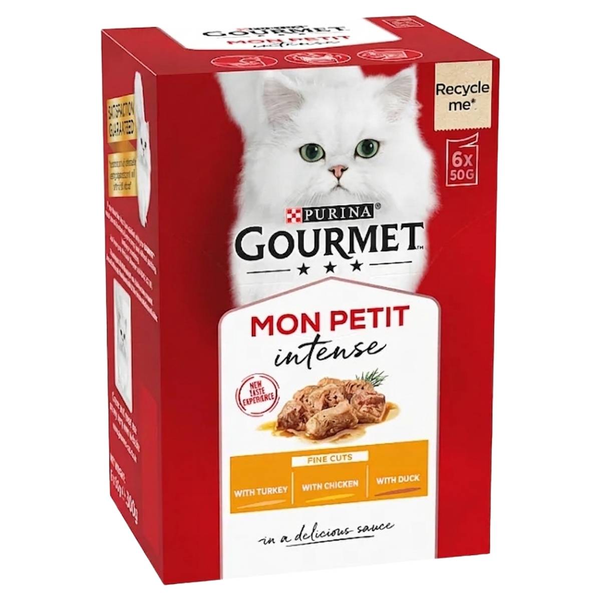 Gourmet Mon Petit intense cat food packaging with a white cat on a red background