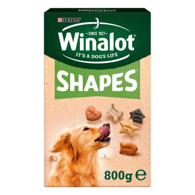 A box of Purina Winalot Shapes Biscuits (800g), featuring a golden dog and assorted biscuit shapes on the packaging.