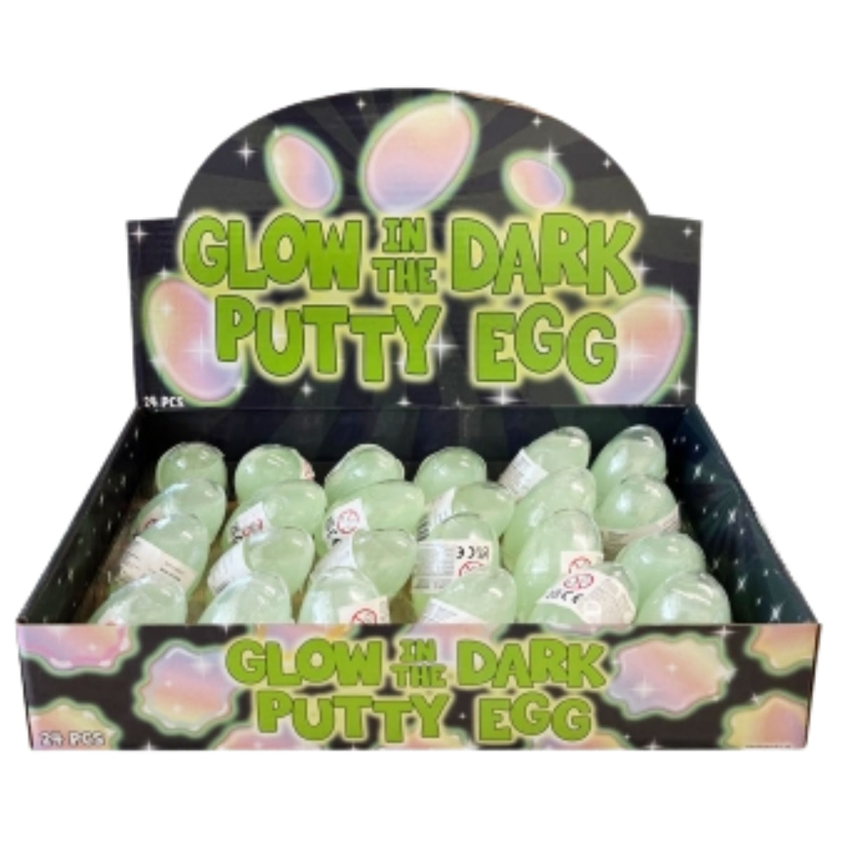 A retail display box filled with glow-in-the-dark putty eggs. The display features a black background with green text reading 'GLOW IN THE DARK PUTTY EGG' and pastel pink and green egg-shaped graphics.