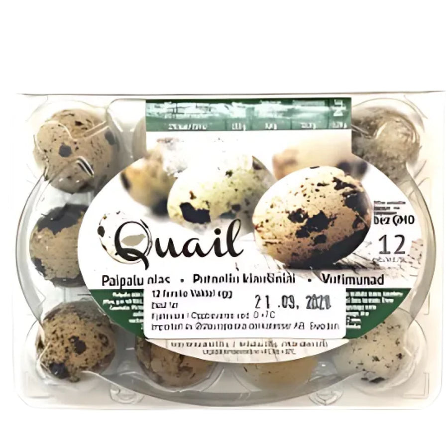 A clear plastic carton of Balticovo - 12 Quail Eggs - 135g, featuring a green and white label with high protein content, product info, and expiry date.