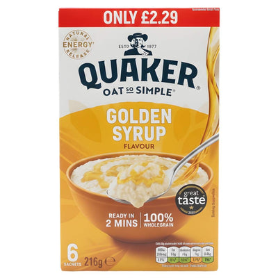 Quaker Oat So Simple Golden Syrup Flavour Porridge (216g, 6 sachets) offers a quick, tasty microwaveable breakfast for £2.29. Box features a porridge bowl and spoon on the front.