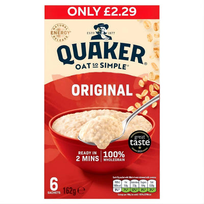 Quaker Oat So Simple Original Porridge Sachets (6 x 27g) offer a quick, wholesome breakfast with 100% wholegrain oats, ready in just 2 minutes. Price: £2.29.