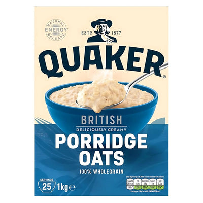 Front of a Quaker - Rolled Porridge Oats - 1kg box, showing a blue bowl of wholegrain oats, spoon, brand logo, and nutrition highlights like high fibre and no added sugar.