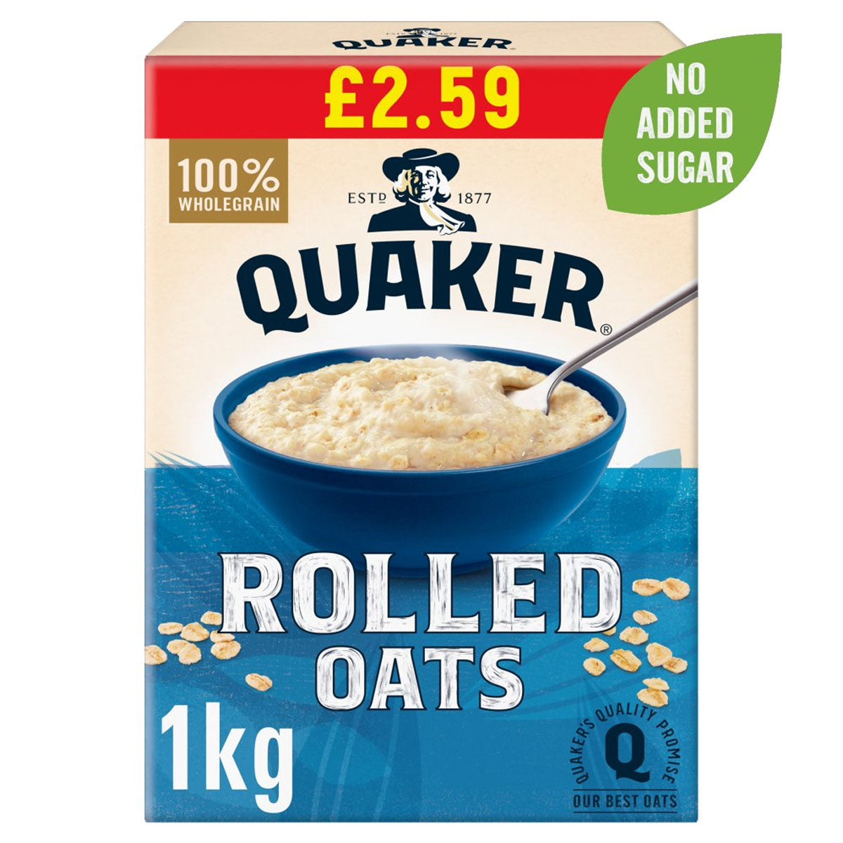 A 1kg package of Quaker Rolled Porridge Oats, priced at £2.59, contains no added sugar and is high in fiber to help reduce cholesterol. These 100% wholegrain oats are packaged with a design featuring a blue bowl with a spoon.