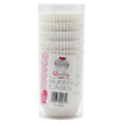A pack of approximately 250 Quality White Muffin Cases by Quality, neatly stacked in a clear cylindrical container with a cupcake label—perfect for any baking supplies collection.