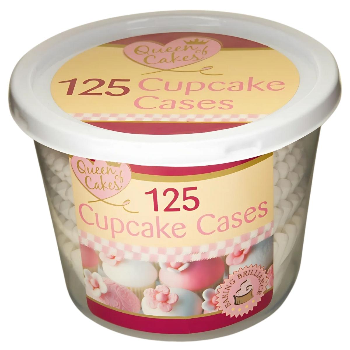 A container with a white lid holds 125 high-quality cupcake cases. The label reads "Queen Of Cupcakes - Cupcake Cases - 125 Pack," perfect for your baking needs and adorned with images of decorated cupcakes showcasing delightful possibilities.