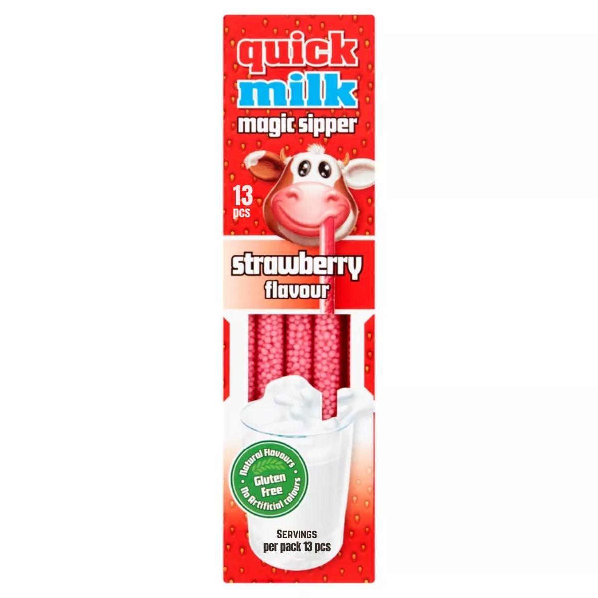 The Quick Milk - Strawberry Flavour Magic Sipper package, adorned in red with a cartoon cow and a clear window revealing pink straws, boasts 13 gluten-free pieces for creamy enjoyment.