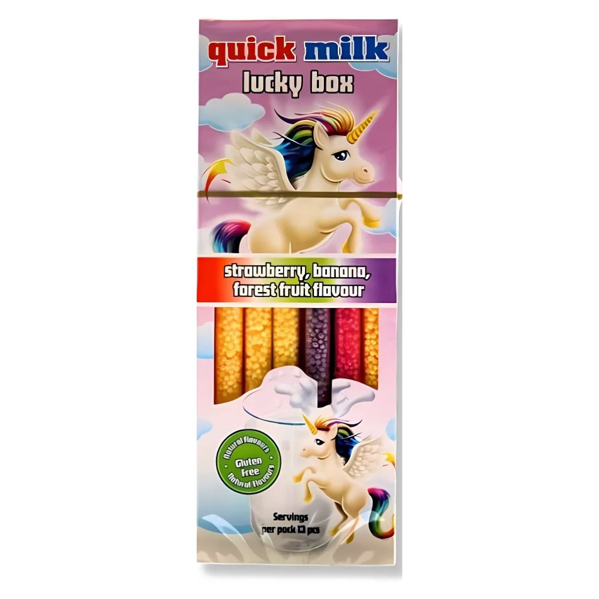 A box of gluten-free Quick Milk Magic Sipper straws, featuring unicorn images, offers delightful strawberry, banana, and forest fruit flavors.