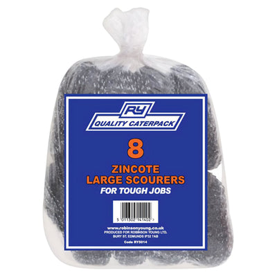 A clear plastic bag containing eight Continental Food Store RY - Zinocote Large Scourers, labeled as “8 Pack” for tough cleaning jobs.