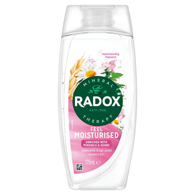Radox - Chamomile & Oat Scent Shower Gel (225ml) features soothing chamomile and oat fragrance with a pink label and transparent packaging for a relaxing shower experience.