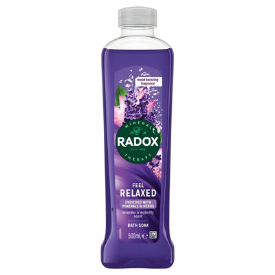 Radox Mineral Therapy Feel Relaxed Bath Soak 500ml, with soothing lavender and waterlily scent, features calming purple liquid and a clear cap for ultimate relaxation.
