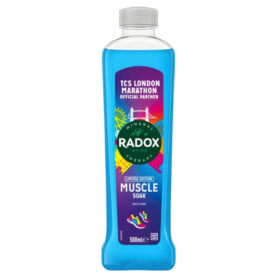 A 500ml bottle of Radox Mineral Therapy Muscle Soak Bath Soak, perfect for post-workout recovery, with vibrant blue liquid and TCS London Marathon branding.