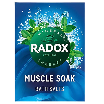 Radox - Muscle Soak Bath Salt 400g box, featuring a blue background and green leaves design.