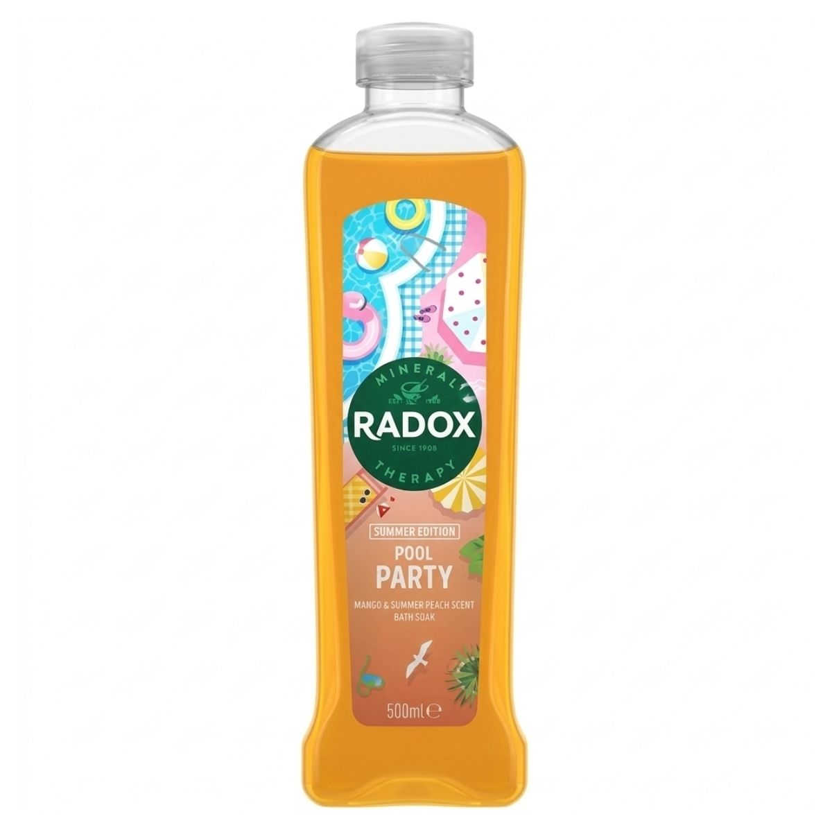 A 500ml bottle of Radox - Pool Party Mango & Summer Peach Scent Bath Soak featuring vibrant summer-themed graphics.
