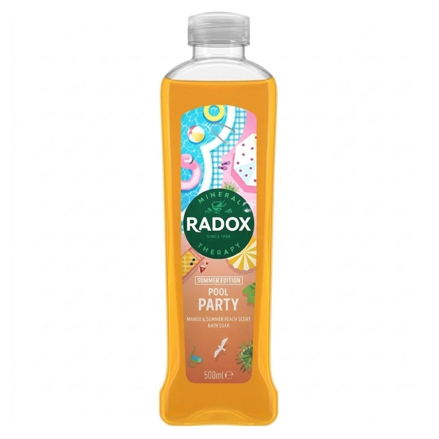 A 500ml bottle of Radox - Pool Party Mango & Summer Peach Scent Bath Soak featuring vibrant summer-themed graphics.