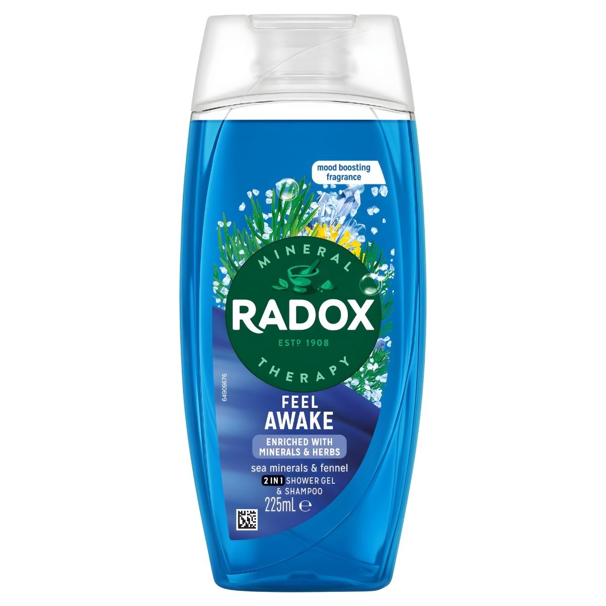A 225ml bottle of Radox Sea Salt & Lemongrass Shower Gel features a refreshing blue liquid and clear cap, enriched with minerals and herbs for an invigorating shower experience.