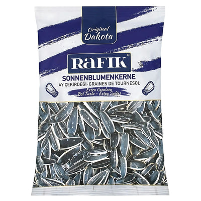 A 150g bag of Rafik Extra Salted Sunflower Seeds Original Dakota, in blue and white packaging with sunflower seed images and multilingual German, Turkish, and French text.