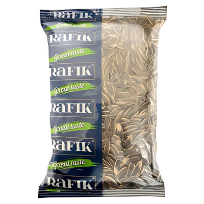 An 800g sealed plastic pack of Rafik Raw Dakota Sunflower Seeds displays a blue, green, and white label with “Great taste.”.