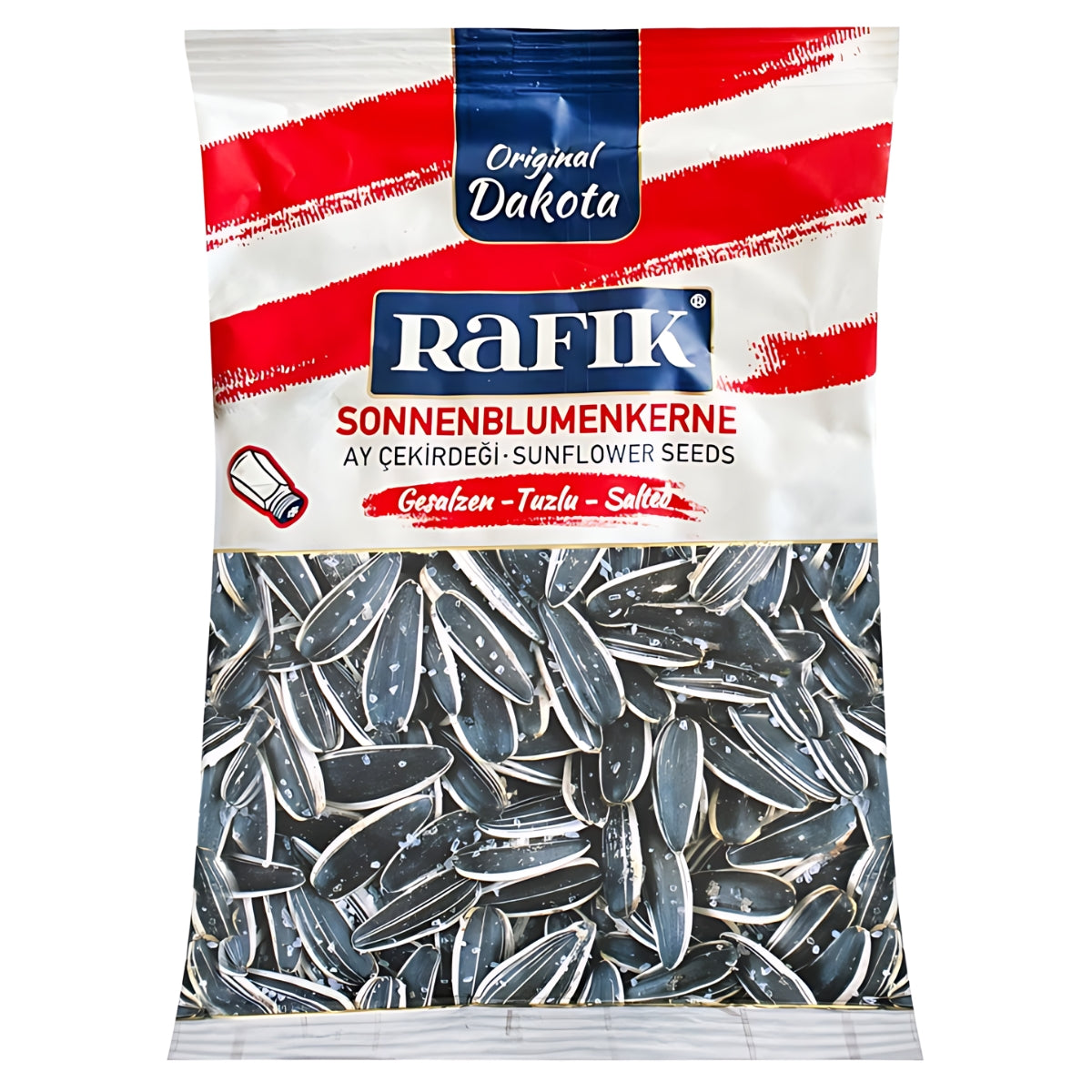 A packet of Rafik - Salted Sunflower Seeds Original Dakota - 150g, a protein-rich snack, featuring a red, white, and blue design on the packaging. The brand name "Original Dakota" is prominently displayed at the top.
