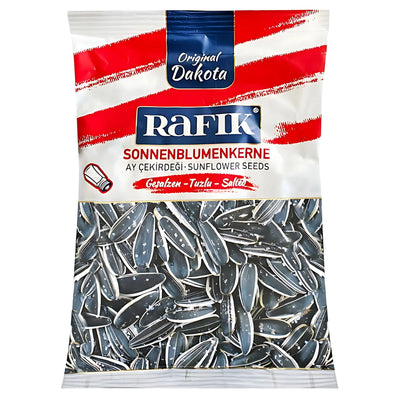 A 150g bag of Rafik Salted Sunflower Seeds Original Dakota features red, blue, and white branding and a clear window showing the roasted seeds inside.