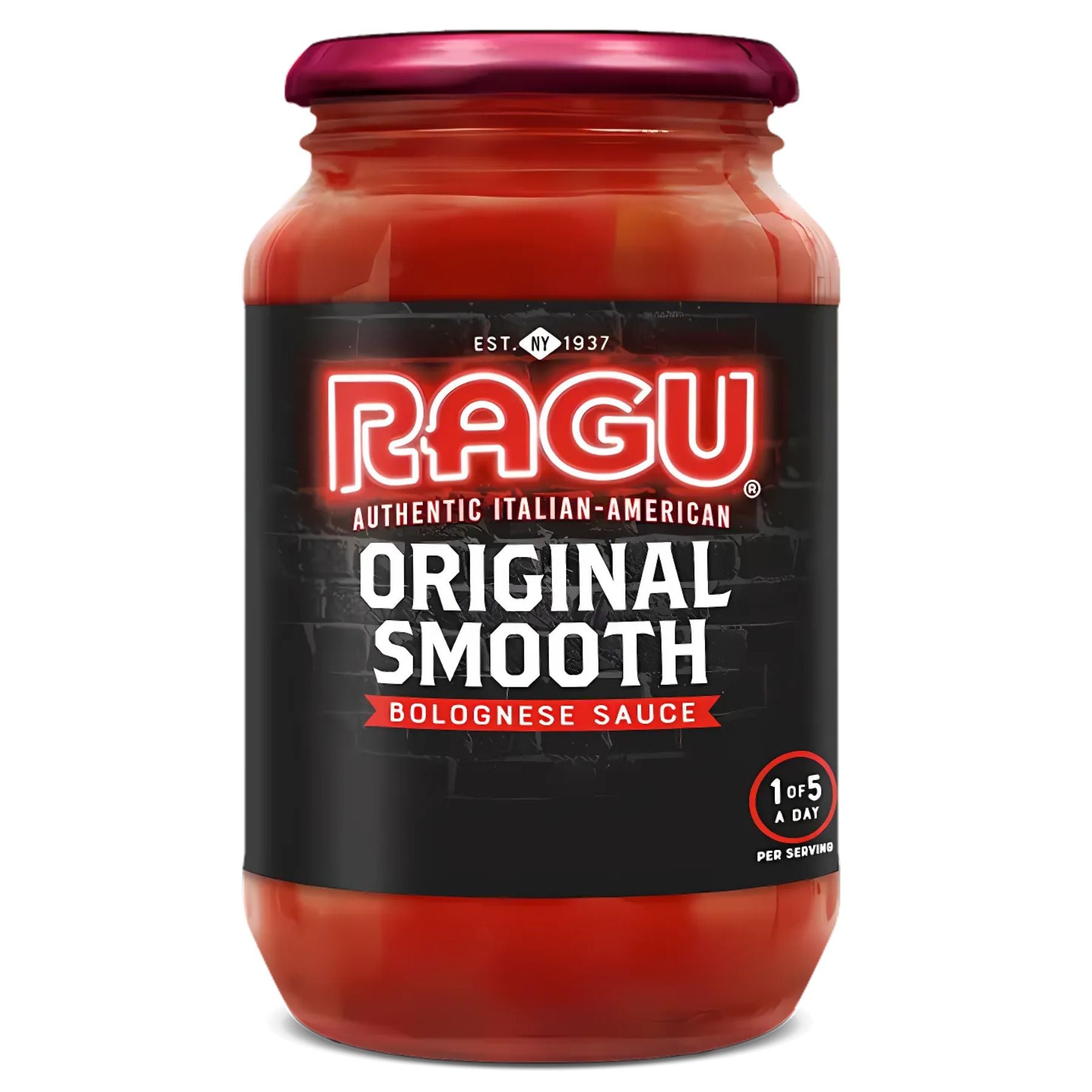 A 500g jar of Ragu Original Smooth Bolognese Pasta Sauce features a black label with branding and nutritional info, combining tomatoes and Italian herbs for a rich, smooth flavor.