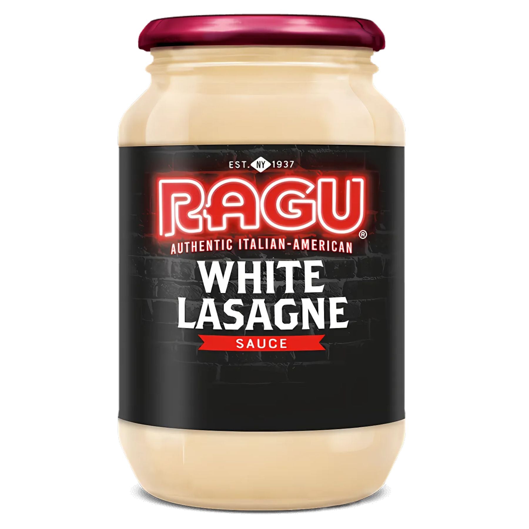 A 500g glass jar of Ragu White Lasagne Sauce, featuring a maroon lid and a black label with bold white and red text.