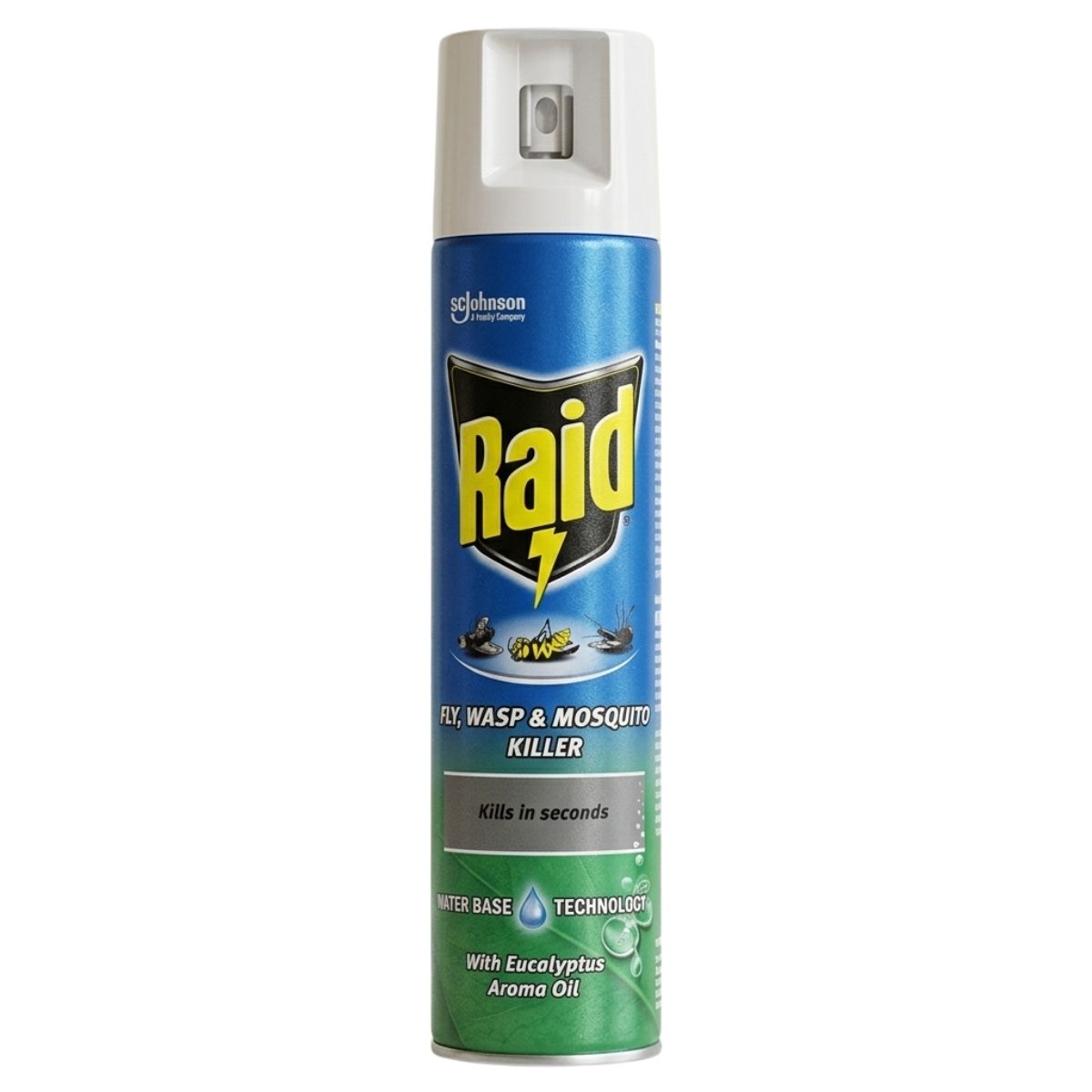 Raid fly, wasp, and mosquito killer spray can on a white background