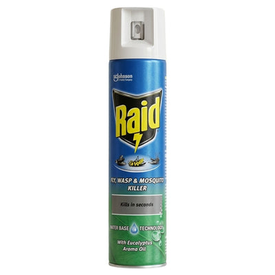 Raid fly, wasp, and mosquito killer spray can on a white background