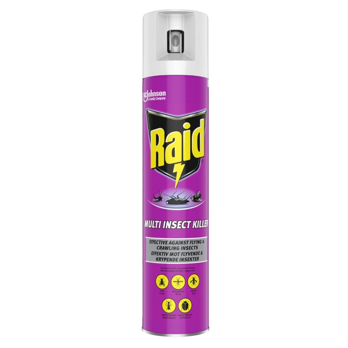 Raid multi insect killer spray can on a white background
