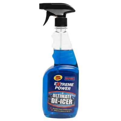 A 750ml spray bottle of Rapide - Extreme Power Ultimate De-Icer with blue liquid, effective down to -18°C and designed for clearing windshields.
