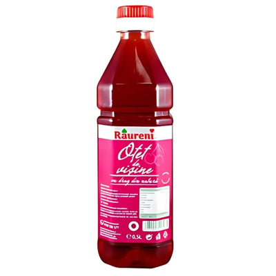Raureni - Sour Cherry Vinegar - 500ml features a red cap and pink label with cherries, ideal for adding fruity acidity to salads or as a vibrant marinade.