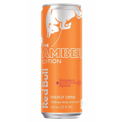 A 250ml can of Red Bull - Apricot & Strawberry Energy Drink, highlighted by vibrant orange and white branding.