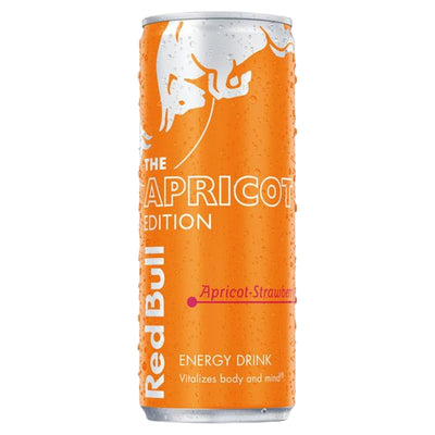 An orange Red Bull - Apricot & Strawberry Energy Drink - 250ml can labeled “The Apricot Edition” with “Apricot-Strawberry” flavor text.
