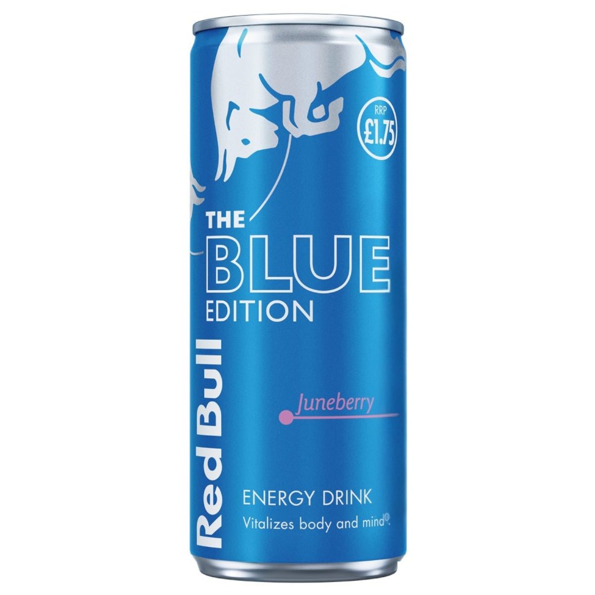 A 250ml can of Red Bull - Blue Edition Juneberry Energy Drink, featuring a blue design with the silver bull logo, price marked at £1.75.