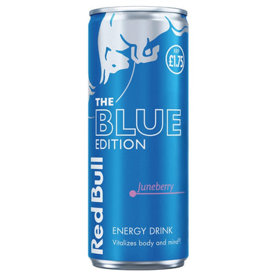 A 250ml can of Red Bull - Blue Edition Juneberry Energy Drink, featuring a blue design with the silver bull logo, price marked at £1.75.