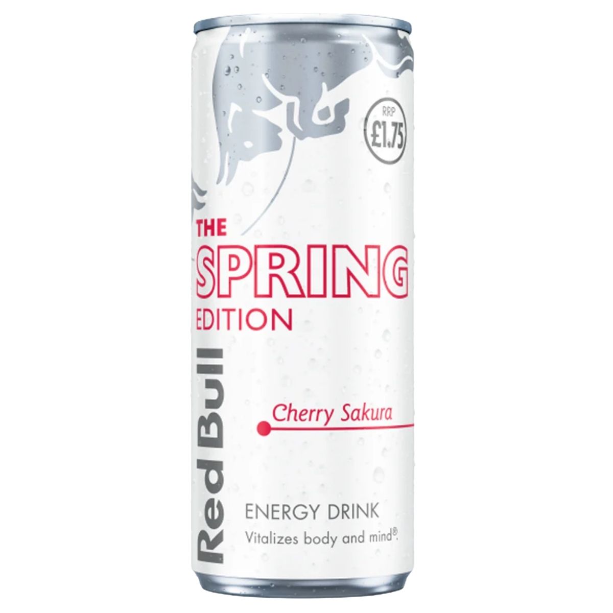 A 250ml can of Red Bull Cherry Sakura Energy Drink, featuring a silver background with vibrant pink accents.