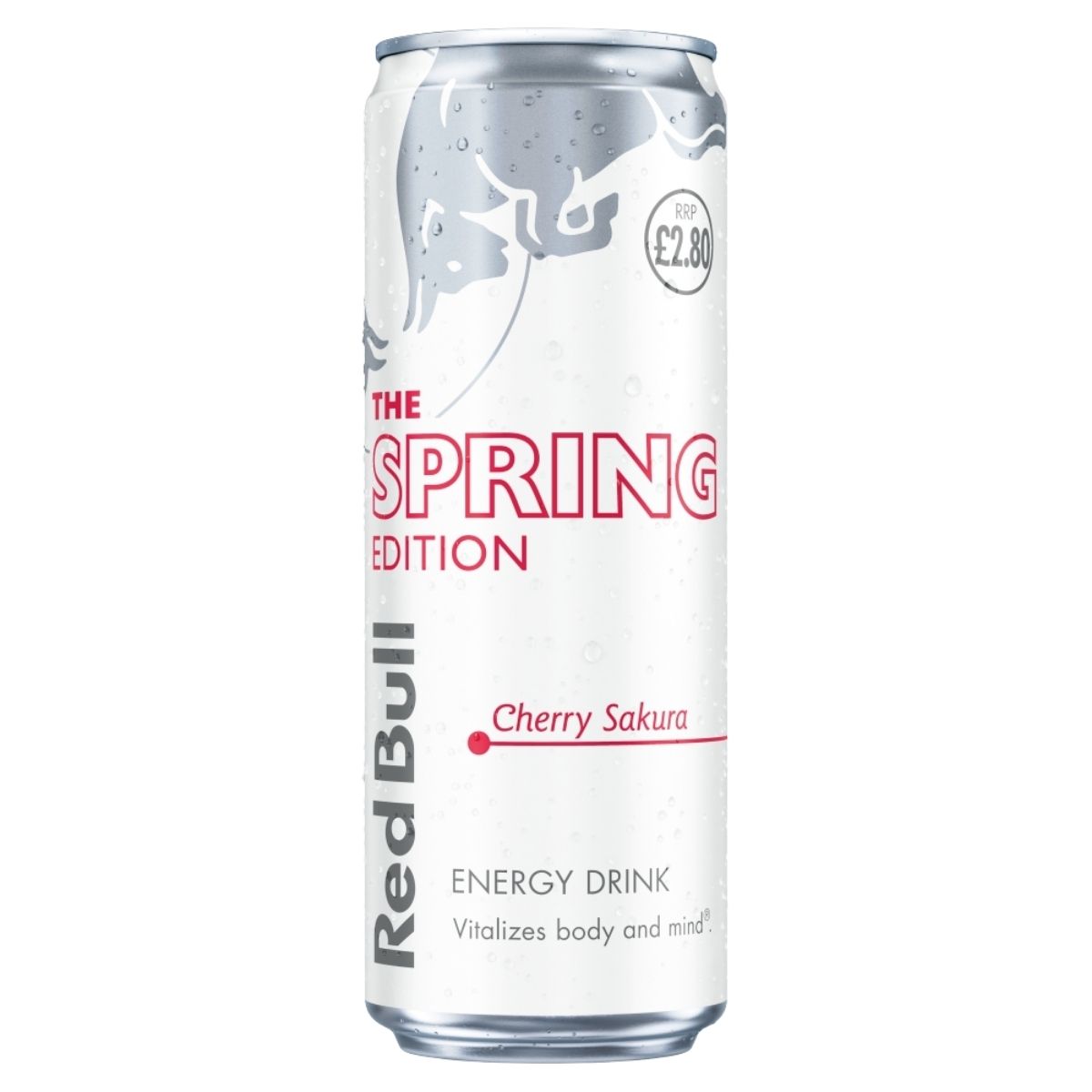 Red Bull Cherry Sakura energy drink can on a white background
